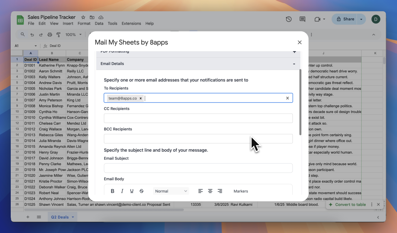 Customise Emails to send