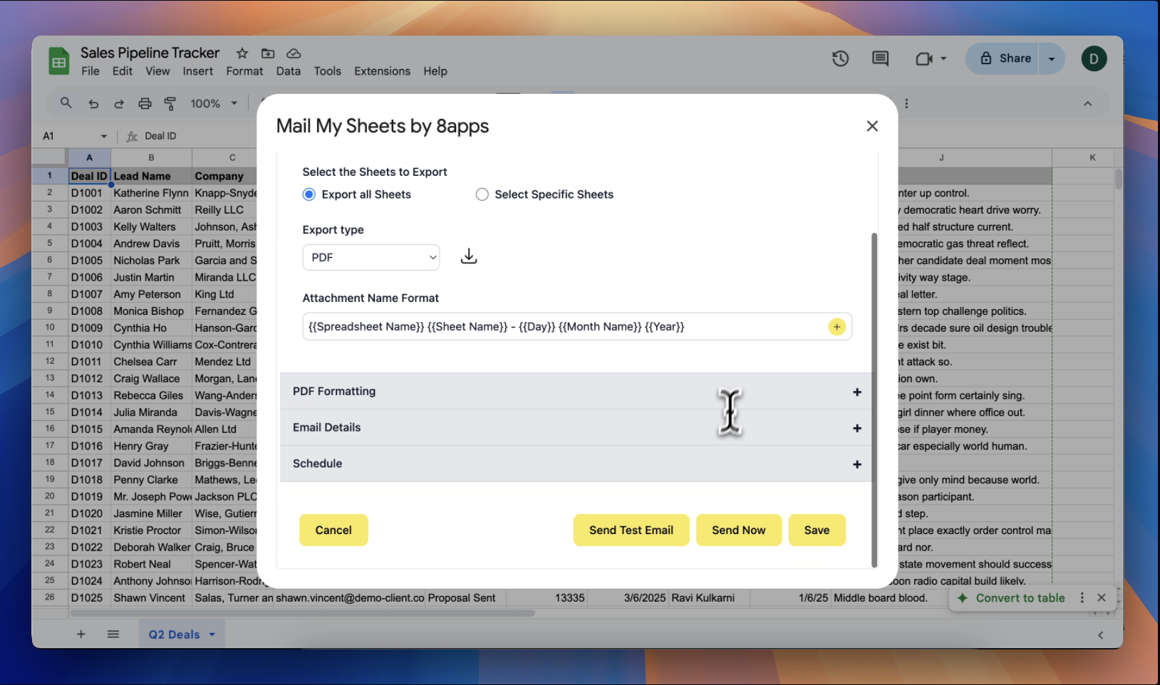 Select Sheets to send